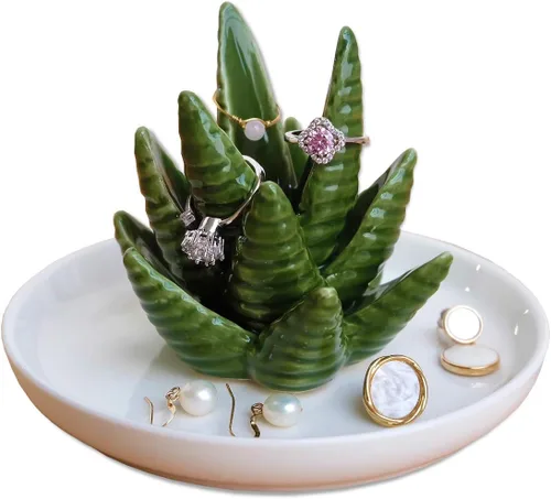 PUDDING CABIN Soporte para anillos de aloe, plato para anillos de cactus, bandeja para joyas para anillos, aretes, collar, regalo de Navidad para