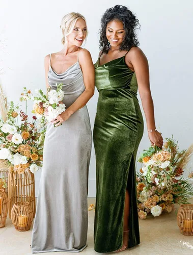 Miniatura 2 de Vestido de dama de honor de terciopelo con cuello vuelto para mujer, largo, moderno, formal, para invitada de boda, con abertura lateral, M005