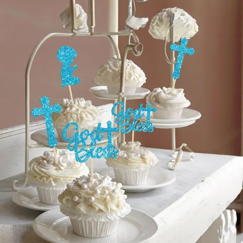 Miniatura 9 de Gyufise 24 piezas de decoración de cupcakes con purpurina azul que Dios bendiga y cruz, decoración de pastel para baby shower, bautismo, fiesta