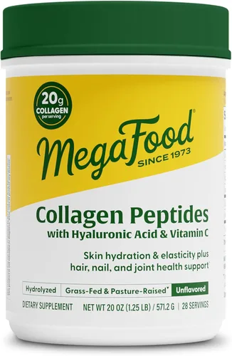 MegaFood Péptidos de colágeno para mujeres y hombres – Polvo de colágeno sin sabor con ácido hialurónico y vitamina C – Apoya la piel, el cabello,