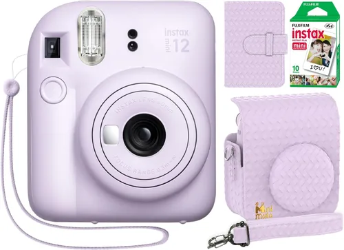 Fujifilm Instax Mini 12 Cámara Instantánea Morado Lila + Funda de Diseño Personalizado Minimate + Película Fuji Instax 10 Hojas y Álbum de Fotos