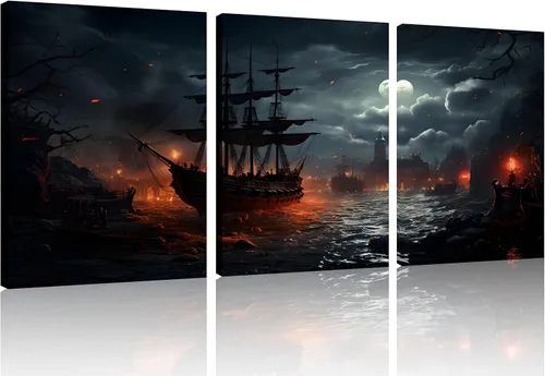 Miniatura 35 de TutuBeer 3 Piezas Arte de Pared Batalla Naval Barco Imagen Barco Pirata Velero Póster Barco Pirata Azul en Llamas Imagen Impresa en Lienzo Póster