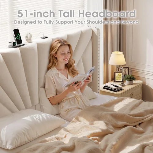 Miniatura 3 de EnHomee Base de cama tamaño King con cabecera de 1,30 m de altura con respaldo de alas, cama tapizada en terciopelo con plataforma, estación de Beige