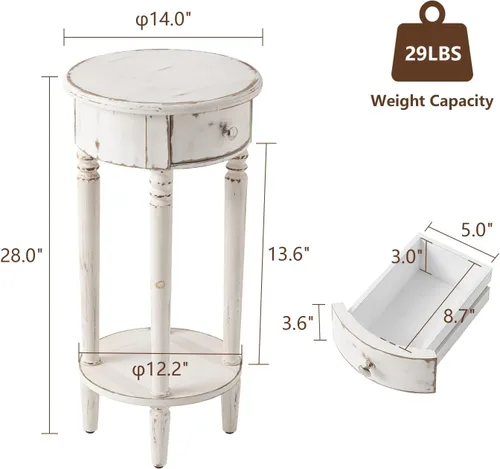 Miniatura 2 de COSIEST Mesa auxiliar alta con cajón, mesita de noche redonda con estante de almacenamiento, mesa auxiliar de teléfono industrial para sala
