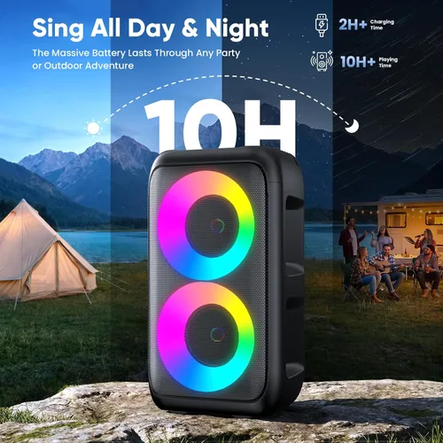 Miniatura 7 de Máquina de karaoke para adultos y niños, altavoz Bluetooth portátil con 2 micrófonos inalámbricos, modo TWS y luz LED, sistema PA de batería de 10