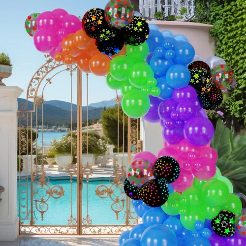 Miniatura 6 de Kit de arco de globos de neón UV que brillan en la oscuridad, globos de arco iris, rojo, azul, amarillo, verde, suministros de fiesta fluorescentes