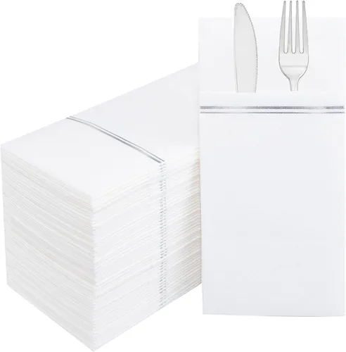 Nervure 100 Piezas Servilletas de Papel Plateadas con Bolsillo Integrado para Cubiertos - Servilletas Desechables Preplegadas Blancas y Plateadas