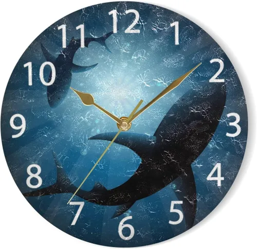 Miniatura 7 de senya Reloj de pared redondo de tiburones bajo el agua, pintura al óleo silenciosa sin tictac, decorativo para el hogar, oficina, escuela, reloj