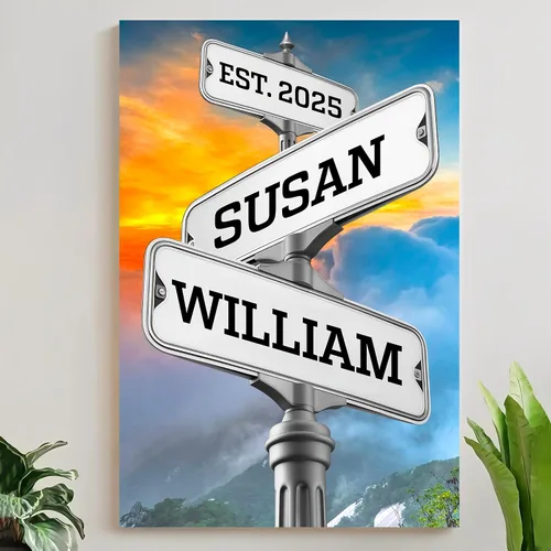 Miniatura 16 de Mapileng Lienzo personalizado de Crossroads Street Sign para parejas, nombres personalizados y fecha, arte de pared vintage, regalo del día de San