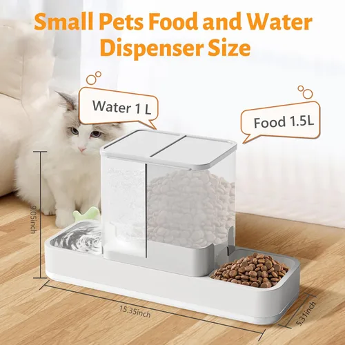 Miniatura 2 de Yummy Sam Alimentador automático para mascotas pequeñas y dispensador de agua, 2 en 1 por gravedad para gatos, juego de comedero y bebedero Blanco