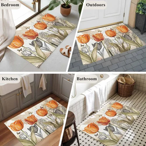 Miniatura 7 de 2x3 Area Rugs, Orange Flower Non Slip Area Rugs for Living Room, Bedroom, Barhroom, Entryway, Watercolor Retro Tulip Floral Butterfly Soft Kitchen