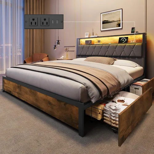 Miniatura 16 de WLIVE Base de cama individual con cabecero, base de cama tapizada con 2 estantes de almacenamiento, cama de plataforma con luces LED y estación