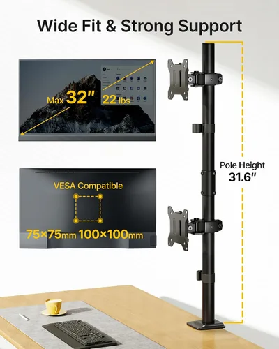 Miniatura 2 de monTEK Soporte Vertical Estable para Dos Monitores, Soporte de Escritorio Apilado para Dos Pantallas de 17-32 Pulgadas, Brazo de Movimiento Completo