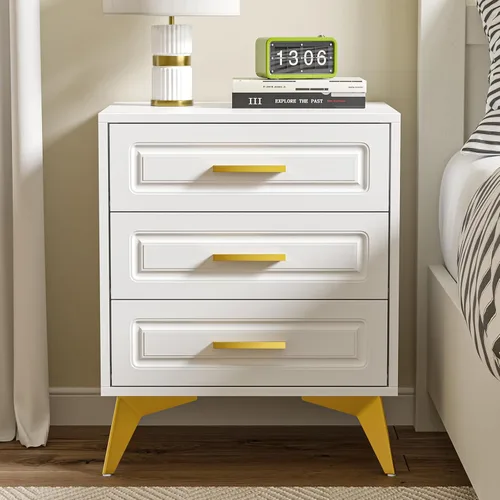 Giluta Mesita de noche blanca con 3 cajones, moderna mesita de noche con patas y asas de metal macizo dorado, mesa de noche de madera, mesa auxiliar