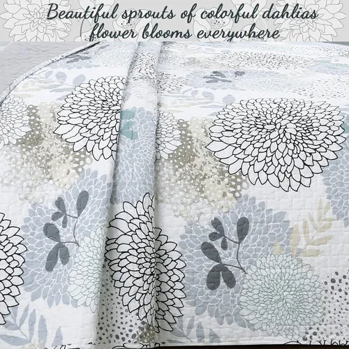 Miniatura 2 de Cozy Line Home Fashions Nina Trista Flowers - Juego de ropa de cama reversible 100% algodón con cinta azul aguamarina, estampado floral gris, colcha