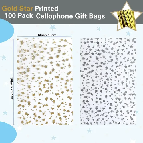 Miniatura 2 de 100 bolsas de regalo con estampado de estrellas de 6 x 10 pulgadas, bolsas de celofán para regalo, bolsas de regalo de fiesta, bolsas transparentes