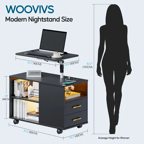 Miniatura 2 de WOOVIVS - Mesita de noche con estación de carga, mesa auxiliar con luces LED, mesa auxiliar inteligente con mesa giratoria ajustable/cajón