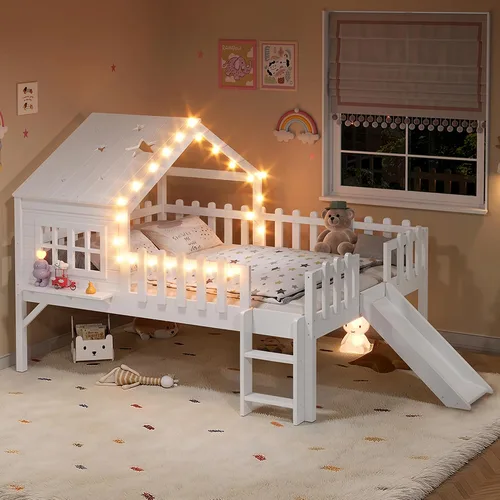 Miniatura 20 de Marco de cama de tamaño matrimonial para niños con escaleras, bonito techo y ventana en forma de estrella para niños y niñas, cama de plataforma