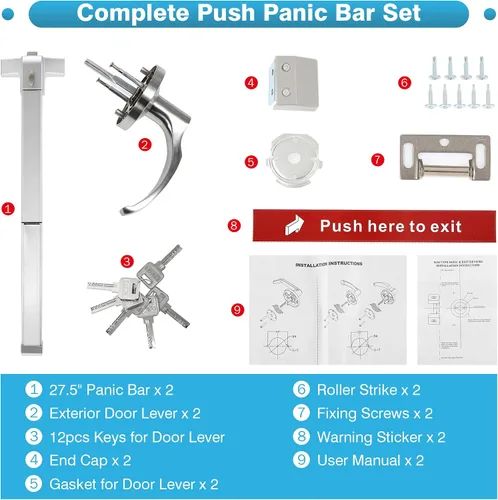 Miniatura 6 de IRONWALLS Dispositivo de salida de pánico de barra de empuje con palanca exterior con llave similar, juego de 2 cerraduras de barra de pánico