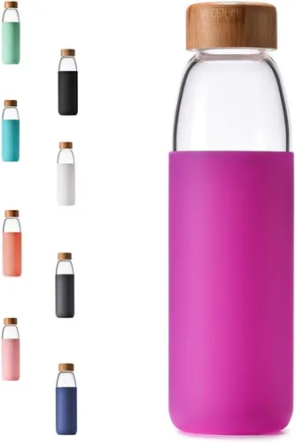 Botellas de agua de vidrio de borosilicato de 18 onzas con tapa de bambú, sin BPA, funda de silicona antideslizante y tapa a prueba de fugas de