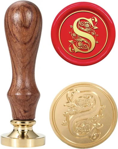 Yoption - Sello de cera con diseño de letra S, cabeza de latón floral vintage, mango de madera, sello inicial del alfabeto, para invitación de
