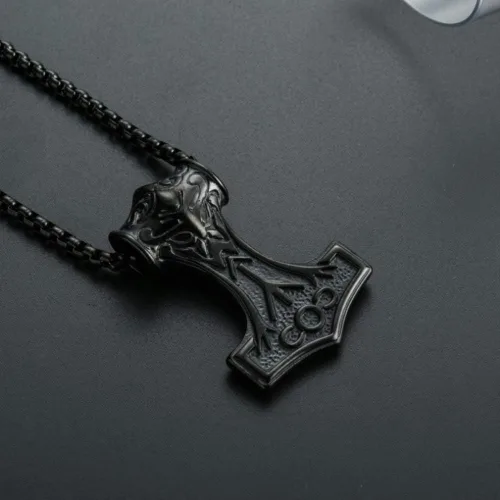Miniatura 2 de Collar con colgante de martillo Thors Mjolnir de acero inoxidable con nudo celta negro con cadena de 220 in
