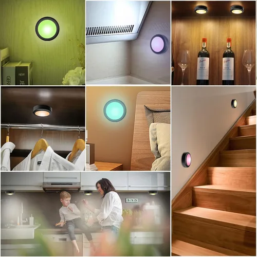 Miniatura 4 de Yiliaw - Paquete de 6 luces LED de disco con control remoto, 16 colores cambiables, iluminación LED debajo del gabinete, luces operadas por Negro