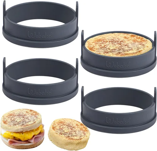 Webake Anillos de silicona para muffins ingleses de 4 pulgadas, antiadherentes, tamaño estándar, anillos para huevos, sin BPA, juego de 4 Gris
