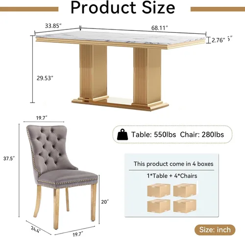 Miniatura 8 de Juego de mesa de comedor de 5 piezas, moderno juego de mesa de comedor para 4, 70 pulgadas, juego de mesa de comedor de mármol sintético blanco