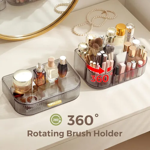 Miniatura 5 de Delamu Organizador de maquillaje para tocador con cajones apilables, soporte giratorio de 360º para brochas de maquillaje, vitrina grande