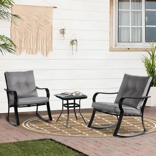 Miniatura 2 de Juego de 3 sillas mecedoras para exteriores, muebles de patio, sillas de metal negro y mesa de centro con tapa de vidrio con cojines gruesos