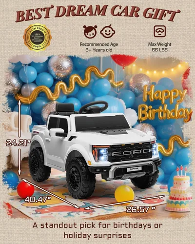 Miniatura 4 de First Ride On Ford F-150 Raptor con Licencia - Camión de Paseo para Niños de 12V, Juguetes de Montar para Niños Pequeños con Control Remoto, Blanco