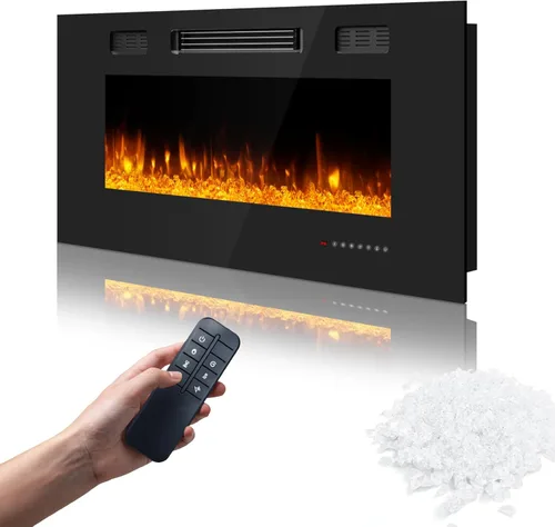 Chimenea eléctrica de 36 pulgadas, chimenea eléctrica montada en la pared con control remoto y temporizador, chimeneas calefactoras de bajo ruido