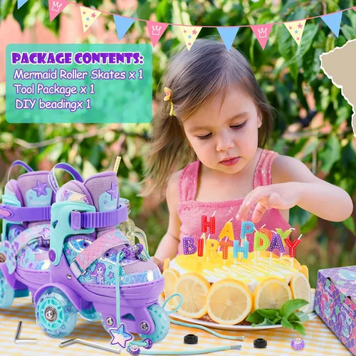 Miniatura 7 de Patines de Sirena para Niñas, MoSoulais 4 Tamaños Ajustables con Ruedas Iluminadas para Niños Pequeños, Patines para Mujeres Principiantes