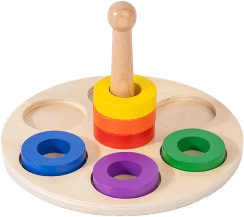 Adena Montessori Anillo de madera para apilar y clasificar con 6 anillos de clavija, anillos apilables de arco iris de madera, juguetes apiladores