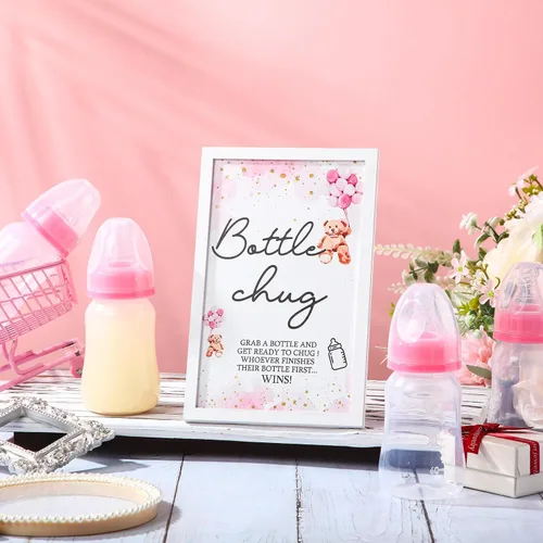 Miniatura 5 de Roowest Bottle Chug Baby Shower Games Favores que incluyen 18 botellas con 1 botella de chug de madera para revelación de género, suministros de Rosa