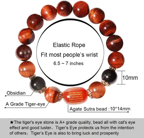 Miniatura 2 de Jewever Pulsera de triple protección Feng Shui Healing Stretch- Ojo de tigre - Obsidiana - Sutra ágata cuentas 0.472 in Piedra Unisex Joyería, Gema