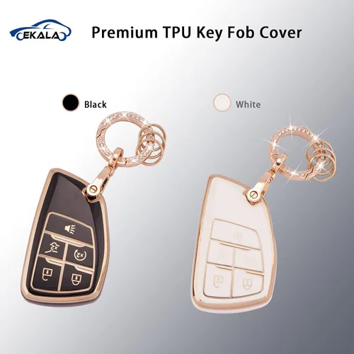 Miniatura 6 de EKALA Funda para llavero GMC con llavero brillante, 5 botones, carcasa de llave de TPU suave brillante dorado blanco compatible con GMC sierra 1500