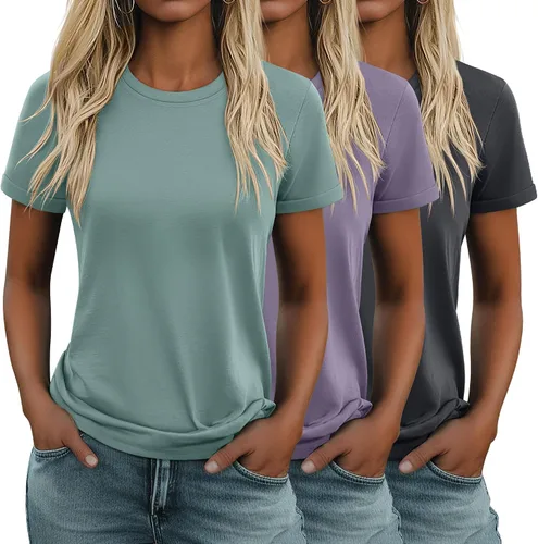 Miniatura 10 de Huukeay Paquete de 3 camisetas de algodón para mujer, estilo casual, de manga corta, cuello redondo, ajuste holgado, básica, lisa