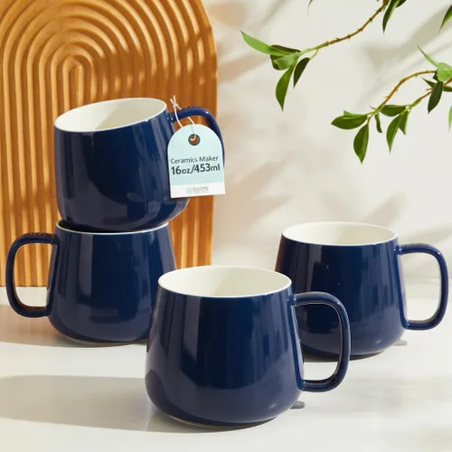 Teocera Juego de 4 tazas de café de cerámica de 16 onzas, apilables, aptas para microondas, lavavajillas y horno, ideales para café, capuchino, Azul