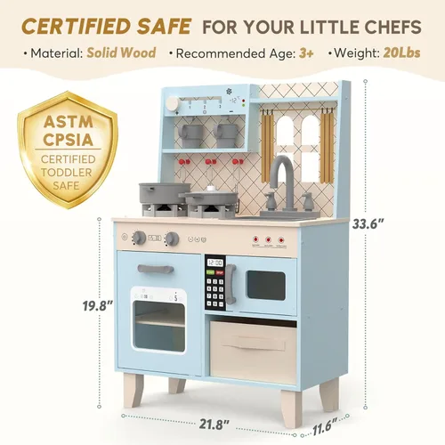 Miniatura 5 de BIERUM Cocina de Juguevo con Luces y Sonidos Realistas, Juego de Cocina de Madera para Niños, Juego de Simulación de Chef para Niños Pequeños, Azul