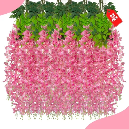 Miniatura 21 de Paquete de 12 flores colgantes de glicina rosa, flores colgantes falsas de 3.44 pies, guirnalda de glicina artificial para decoración de boda, telón