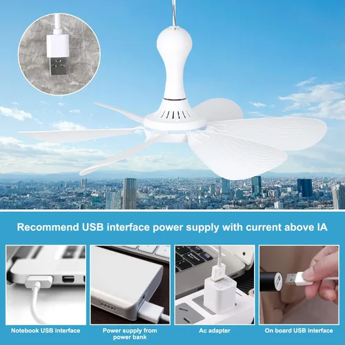 Miniatura 3 de Xindejia Ventilador de techo pequeño alimentado por USB, 6 aspas, silencioso DC 5 V, ventiladores colgantes USB para interiores y exteriores, RV