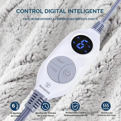 Miniatura 2 de Westinghouse Manta Eléctrica Tamaño Throw, Manta Térmica de Felpa Sherpa Suave con 6 Niveles de Calefacción y 2-10 Horas de Apagado Automático, Gris