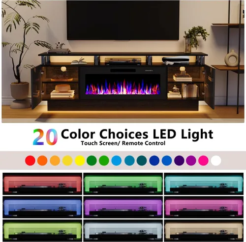 Miniatura 2 de Soporte de TV con chimenea de 36 pulgadas, soporte de TV negro de 70 pulgadas para sala de estar, moderno soporte de TV con chimenea eléctrica