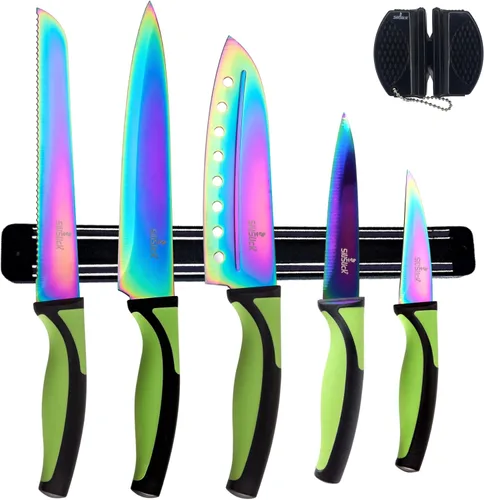 SiliSlick Juego de cuchillos de cocina, 5 cuchillos coloridos aptos para lavavajillas, afilador de cuchillos y barra de pared magnética, chapado en