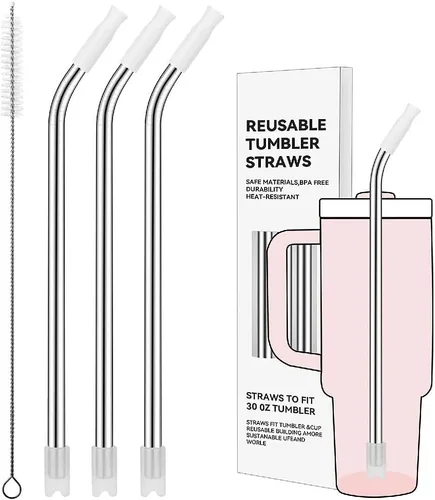 Miniatura 68 de Pajitas de metal rectas para vaso Stanley de 40 onzas, paquete de 3 popotes reutilizables de acero inoxidable con puntas de silicona y cepillo Gris