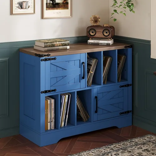 Miniatura 5 de GarveeHome Almacenamiento de discos de vinilo grande de 39 pulgadas, soporte para tocadiscos de madera de granja con armario de almacenamiento y 2