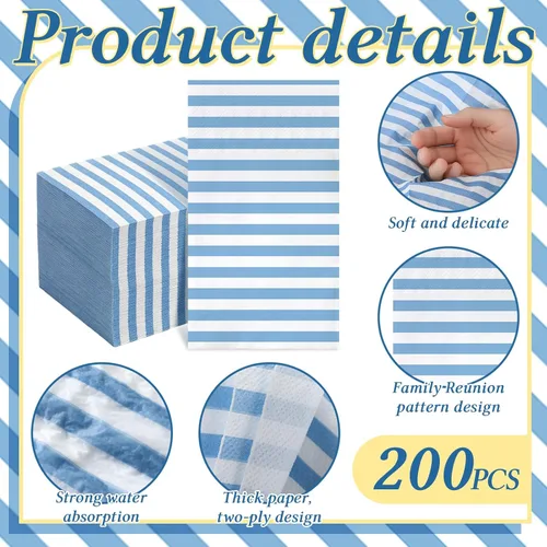 Miniatura 6 de Geyoga 200 servilletas de papel a rayas azules y blancas clásicas de papel a rayas horizontales desechables para baño, invitados, cena, servilletas
