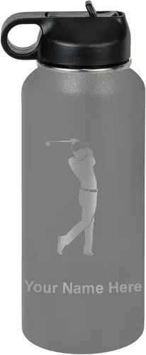 Miniatura 50 de LaserGram Botella de agua personalizada, golfista de golf, acero inoxidable de doble pared aislada al vacío con popote superior, regalo grabado Negro